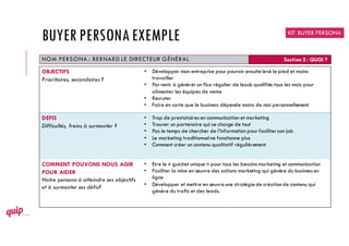 NOM PERSONA : BERNARD LE DIRECTEUR GÉNÉRAL Section 2 : QUOI ?
OBJECTIFS
Prioritaires, secondaires ?
• Développer mon entreprise pour pouvoir ensuitelevé le pied et moins
travailler
• Parvenir à générer un flux régulier de leads qualifiés tous les mois pour
alimenter les équipes de vente
• Recruter
• Faire en sorte que le business dépende moins de moi personnellement
DEFIS
Difficultés, freins à surmonter ?
• Trop de prestataires en communication et marketing
• Trouver un partenaire qui se charge de tout
• Pas le temps de chercher de l’information pour faciliter son job
• Le marketing traditionnelne fonctionne plus
• Comment créer un contenu qualitatif régulièrement
COMMENT POUVONS NOUS AGIR
POUR AIDER
Notre persona à atteindre ses objectifs
et à surmonter ses défis?
• Etre le « guichet unique » pour tous les besoins marketing et communication
• Faciliter la mise en œuvre des actions marketing qui génère du business en
ligne
• Développer et mettre en œuvreune stratégiede créationde contenu qui
génère du trafic et des leads.
KIT BUYER PERSONA
BUYER PERSONAEXEMPLE
 