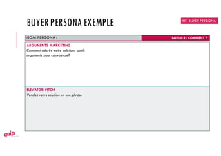 NOM PERSONA : Section 4 : COMMENT ?
ARGUMENTS MARKETING
Comment décrire votre solution, quels
arguments pour convaincre?
ELEVATOR PITCH
Vendez votre solution en une phrase
KIT BUYER PERSONA
BUYER PERSONAEXEMPLE
 