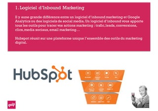 1.Logiciel d’Inbound Marketing
Il y aune grande différence entre un logiciel d’inbound marketing et Google
Analytics ou des logiciels de social media.Un logiciel d’inbound vous apporte
tous les outils pour tracer vos actions marketing : trafic,leads,conversions,
clics,media sociaux,email marketing…
Hubspot réunit sur une plateforme unique l’ensemble des outils du marketing
digital.
 