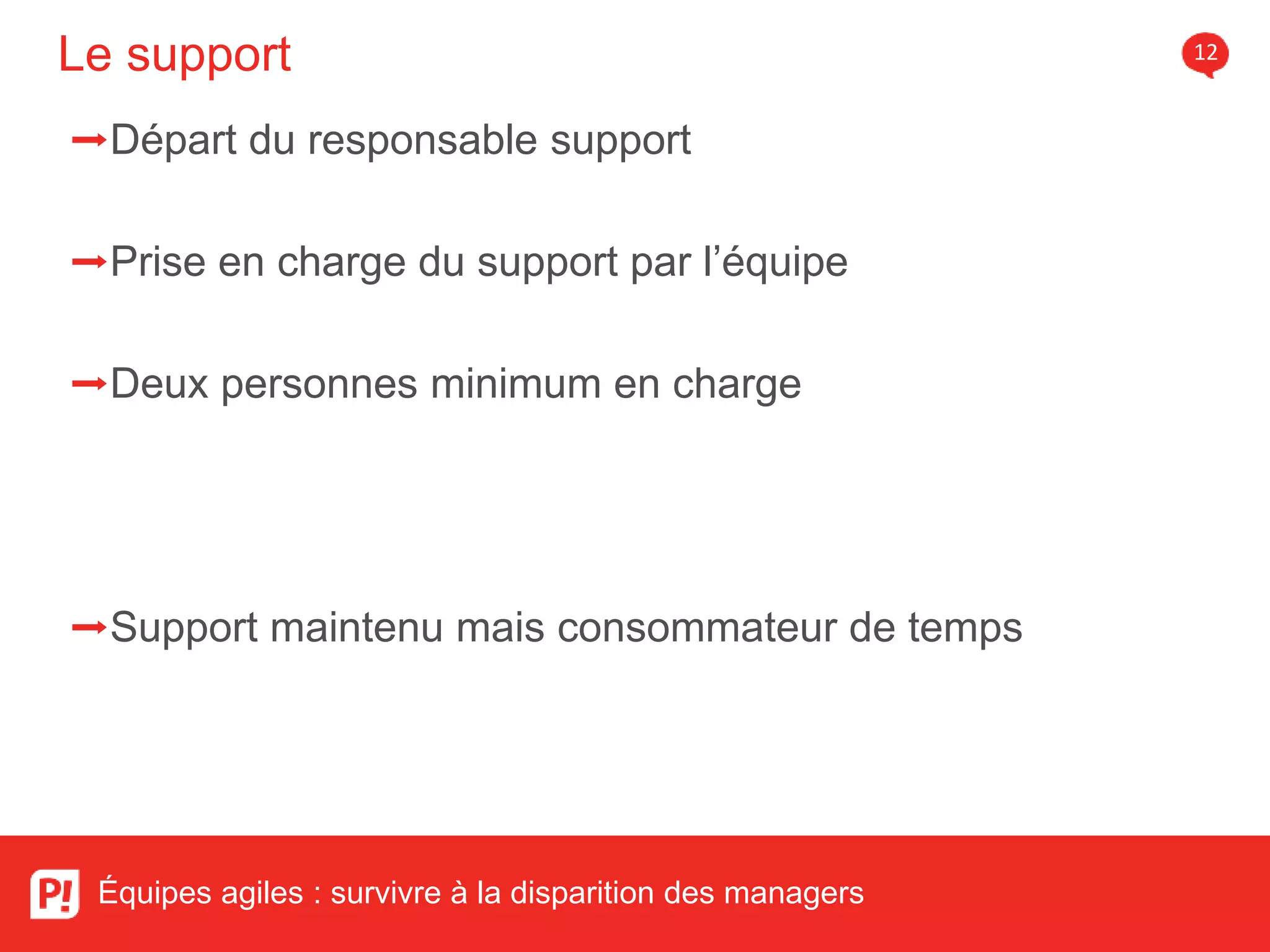 Le support 12
Équipes agiles : survivre à la disparition des managers
➡Départ du responsable support
➡Prise en charge du support par l’équipe
➡Deux personnes minimum en charge
➡Support maintenu mais consommateur de temps