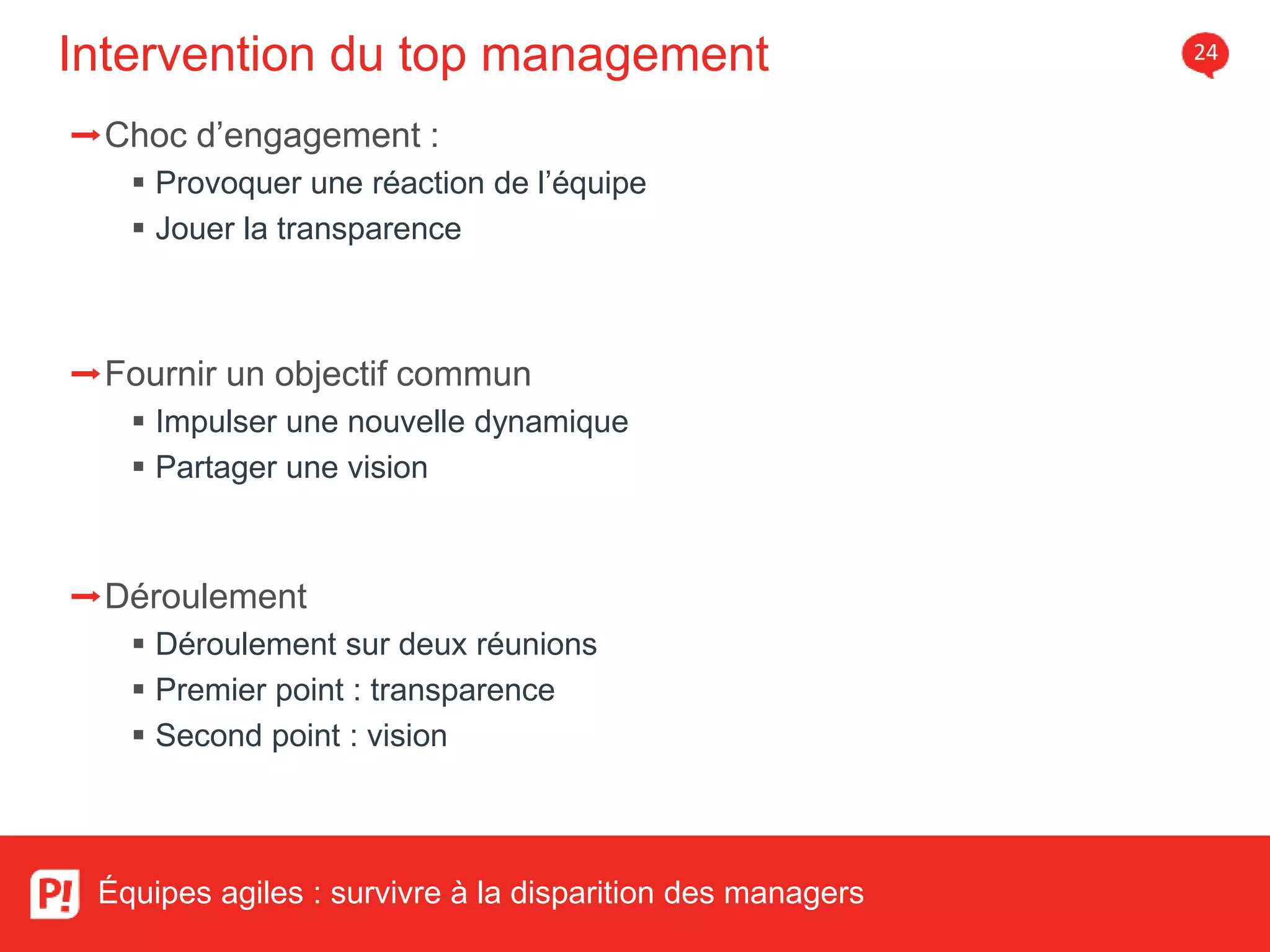 Intervention du top management 24
Équipes agiles : survivre à la disparition des managers
➡Choc d’engagement :
Provoquer une réaction de l’équipe
Jouer la transparence
➡Fournir un objectif commun
Impulser une nouvelle dynamique
Partager une vision
➡Déroulement
Déroulement sur deux réunions
Premier point : transparence
Second point : vision