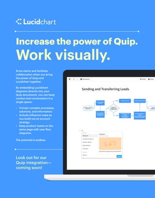 Drive clarity and facilitate
collaboration when you bring
the power of Quip and
Lucidchart together.
By embedding Lucidchart
diagrams directly into your
Quip documents, you can keep
context and conversation in a
single space:
• Convey complex processes,
solutions, and information.
• Include influence maps as
you build out an account
strategy.
• Keep product teams on the
same page with user flow
diagrams.
The potential is endless.
Increase the power of Quip.
Work visually.
Look out for our
Quip integration—
coming soon!
 