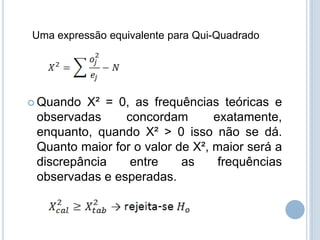  Quando X² = 0, as frequências teóricas e
observadas concordam exatamente,
enquanto, quando X² > 0 isso não se dá.
Quanto maior for o valor de X², maior será a
discrepância entre as frequências
observadas e esperadas.
Uma expressão equivalente para Qui-Quadrado
 