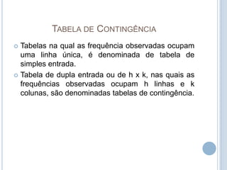 TABELA DE CONTINGÊNCIA
 Tabelas na qual as frequência observadas ocupam
uma linha única, é denominada de tabela de
simples entrada.
 Tabela de dupla entrada ou de h x k, nas quais as
frequências observadas ocupam h linhas e k
colunas, são denominadas tabelas de contingência.
 