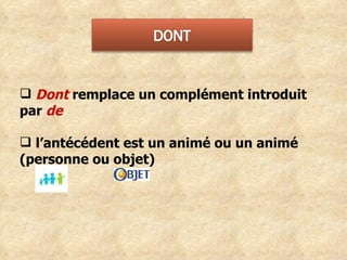 Dont   remplace un complément introduit par  de l’antécédent est un animé ou un animé (personne ou objet) 
