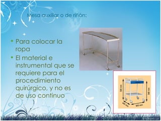 Mesa auxiliar o de riñón:
 Para colocar la
ropa
 El material e
instrumental que se
requiere para el
procedimiento
quirúrgico, y no es
de uso continuo
 