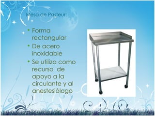 Mesa de Pasteur:
 Forma
rectangular
 De acero
inoxidable
 Se utiliza como
recurso de
apoyo a la
circulante y al
anestesiólogo
 