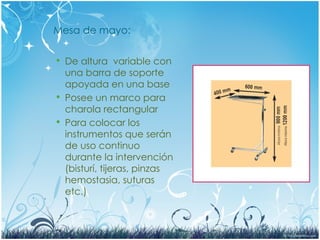 Mesa de mayo:
 De altura variable con
una barra de soporte
apoyada en una base
 Posee un marco para
charola rectangular
 Para colocar los
instrumentos que serán
de uso continuo
durante la intervención
(bisturí, tijeras, pinzas
hemostasia, suturas
etc.)
 
