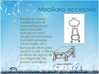 Mobiliario accesorio
 Bancos de reposo
metálicos para el
anestesiólogo(para
especialidades
quirúrgicas como
cirugía reconstructiva,
bucodentomaxilar,
neurocirugía, etc.)
 Bancos de altura para
apoyar un pie o elevar
la altura de alguno de
los integrantes del
equipo quirúrgico.
 