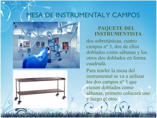 MESA DE INSTRUMENTALY CAMPOS
PAQUETE DEL
INSTRUMENTISTA
dos sobretúnicas, cuatro
campos nº 3, dos de ellos
doblados como sábanas y los
otros dos doblados en forma
cuadrada.
Para tender la mesa del
instrumental se va a utilizar
los dos campos nº 3 que
vienen doblados como
sábanas, primero colocará uno
y luego el otro.
 