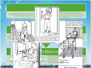 Zona Blanca
La zona blanca es el área de mayor restricción, comprende la
sala de operaciones local donde se lleva a cabo la
intervención quirúrgica. Debe tener un área de 36 metros
cuadrados y cerca de 3 metros de altura. Las puertas serán de
tipo volandero para evitar toda corriente de aire.
Las paredes deben ser impermeables, de fácil limpieza, sin brillo
y sin colores fatigantes a la vista del cirujano. Es muy importante
que el piso sea conductor de corriente. El aire debe estar en
concentraciones bajas de partículas y bacterias y es necesario
que se mantenga una temperatura ambiente. La iluminación
debe ser flexible y ajustable para que no canse la vista del
personal.
Zona Gris
En la zona gris se requiere portar el uniforme completo. En esta
zona se encuentran el área de lavado quirúrgico, la central de
equipos, cuarto de anestesia, sala de recuperación, cuarto de
rayos X y también cuarto séptico
Además debe comunicar con el laboratorio de análisis clínicos,
banco de sangre y con el servicio de anatomía patológica.
Debe incluir área de lavado quirúrgico para el personal con
uno o dos lavabos, con flujo de agua activado con rodillera o
electrónico al igual que las jaboneras.,
Zona Negra
La zona negra es la primera zona de restricción y funciona
como zona amortiguadora de protección; incluye oficinas,
baños, admisión quirúrgica y vestidores.
En esta zona se permite el acceso con bata clínica, y es
donde el personal se coloca el atuendo quirúrgico, la
comunicación con la zona gris es a través de una trampa de
botas para el personal y una trampa de camillas para los
enfermos.
 
