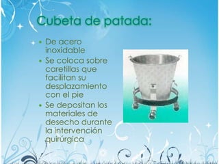Cubeta de patada:
 De acero
inoxidable
 Se coloca sobre
caretillas que
facilitan su
desplazamiento
con el pie
 Se depositan los
materiales de
desecho durante
la intervención
quirúrgica
 