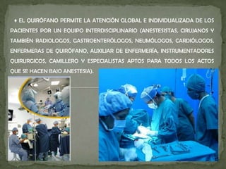 ♦ EL QUIRÓFANO PERMITE LA ATENCIÓN GLOBAL E INDIVIDUALIZADA DE LOS
PACIENTES POR UN EQUIPO INTERDISCIPLINARIO (ANESTESISTAS, CIRUJANOS Y
TAMBIÉN RADIOLOGOS, GASTROENTERÓLOGOS, NEUMÓLOGOS, CARDIÓLOGOS,
ENFERMERAS DE QUIRÓFANO, AUXILIAR DE ENFERMERÍA, INSTRUMENTADORES
QUIRURGICOS, CAMILLERO Y ESPECIALISTAS APTOS PARA TODOS LOS ACTOS
QUE SE HACEN BAJO ANESTESIA).
 