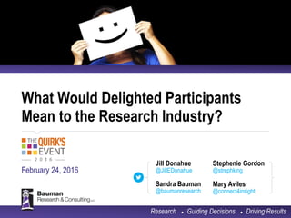 What Would Delighted Participants
Mean to the Research Industry?
February 24, 2016
Research ● Guiding Decisions ● Driving Results
Stephenie Gordon
@strephking
Mary Aviles
@connect4insight
Sandra Bauman
@baumanresearch
Jill Donahue
@JillEDonahue
 