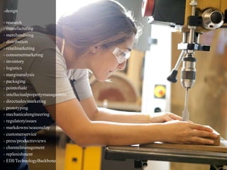 >design
> research
> manufacturing
> merchandising
> distribution
> retailmarketing
> consumermarketing
> inventory
> logistics
> marginanalysis
> packaging
> pointofsale
> intellectualpropertymanagement
> directsales/marketing
> prototyping
> mechanicalengineering
> regulatoryissues
> markdowns/seasonality
> customerservice
> press/productreviews
> channelmanagement
> replenishment
> EDI/TechnologyBackbone
 