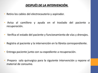 DESPUÉS DE LA INTERVENCIÓN.
• Retira los cables del electrocauterio y aspirador.
• Avisa al camillero y ayuda en el traslado del paciente a
recuperación.
• Verifica el estado del paciente y funcionamiento de vías y drenajes.
• Registra al paciente y la intervención en la libreta correspondiente.
• Entrega paciente junto con su expediente a recuperación.
• Prepara sala quirurgica para la siguiente intervención y repone el
material de consumo.
 