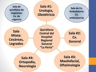 Quirófano
Central del
Hospital
Regional
General
“La Perla”
Sala #1:
Urología,
Obstétricia
Sala #2:
Cx.
General
Sala #3:
Maxilofacial,
Oftalmología
Sala #4:
Ortopedia,
Neurología
Sala
Mixta:
Cesáreas,
Legrados
Sala de
quirófano de
Urgencias:
Cx. de
urgencia
Sala de Cx.
Ambulatoria:
Cx.
ambulatorias
 
