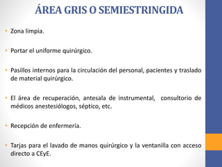 ÁREA GRIS O SEMIESTRINGIDA
• Zona limpia.
• Portar el uniforme quirúrgico.
• Pasillos internos para la circulación del personal, pacientes y traslado
de material quirúrgico.
• El área de recuperación, antesala de instrumental, consultorio de
médicos anestesiólogos, séptico, etc.
• Recepción de enfermería.
• Tarjas para el lavado de manos quirúrgico y la ventanilla con acceso
directo a CEyE.
 