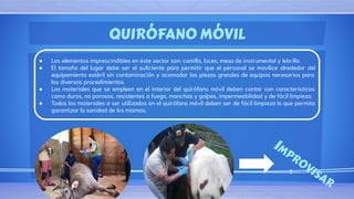 QUIRÓFANO MÓVIL
● Los elementos imprescindibles en éste sector son: camilla, luces, mesa de instrumental y lebrillo.
● El tamaño del lugar debe ser el suﬁciente para permitir que el personal se movilice alrededor del
equipamiento estéril sin contaminación y acomodar las piezas grandes de equipos necesarios para
los diversos procedimientos.
● Los materiales que se empleen en el interior del quirófano móvil deben contar con características
como duros, no porosos, resistentes a fuego, manchas y golpes, impermeabilidad y de fácil limpieza.
● Todos los materiales a ser utilizados en el quirófano móvil deben ser de fácil limpieza lo que permita
garantizar la sanidad de los mismos.
IMPROVISAR
 