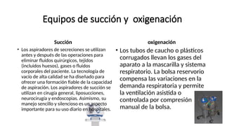Equipos de succión y oxigenación
Succión
• Los aspiradores de secreciones se utilizan
antes y después de las operaciones para
eliminar fluidos quirúrgicos, tejidos
(incluidos huesos), gases o fluidos
corporales del paciente. La tecnología de
vacío de alta calidad se ha diseñado para
ofrecer una formación fiable de la capacidad
de aspiración. Los aspiradores de succión se
utilizan en cirugía general, liposucciones,
neurocirugía y endoscopias. Asimismo, su
manejo sencillo y silencioso es un aspecto
importante para su uso diario en hospitales.
oxigenación
• Los tubos de caucho o plásticos
corrugados llevan los gases del
aparato a la mascarilla y sistema
respiratorio. La bolsa reservorio
compensa las variaciones en la
demanda respiratoria y permite
la ventilación asistida o
controlada por compresión
manual de la bolsa.
 