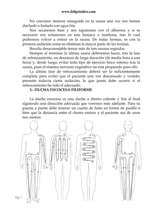 www.felipeisidro.com
No conviene meterse enseguida en la sauna una vez nos hemos
duchado o bañado con agua fría.
Nos secaremos bien y nos taparemos con el albornoz y si es
necesario nos echaremos en una hamaca o tumbona, tras lo cual
podremos volver a entrar en la sauna. De todas formas, es con la
primera sudación como se eliminan la mayor parte de las toxinas.
Resulta desaconsejable tomar más de tres saunas seguidas.
Siempre al terminar la última sauna deberemos hacer, tras la fase
de refrescamiento, un descanso de larga duración (de media hora a una
hora) y, desde luego, evitar todo tipo de ejercicio físico intenso tras la
sauna, pues el sistema nervioso vegetativo no está preparado para ello.
La última fase de refrescamiento deberá ser lo suficientemente
completa para evitar que el paciente una vez descansado y vestido,
presente todavía cierta sudación, lo que jamás debe ocurrir si el
refrescamiento ha sido el adecuado.
3.- DUCHA ESCOCESA FILIFORME
La ducha escocesa es una ducha a chorro caliente y fría al final
siguiendo una dirección adecuada que veremos más adelante. Para su
puesta a punto debe tenerse un cuarto de baño en forma de pasillo o
bien que la distancia entre el chorro emisor y el paciente sea de unos
tres metros.
 