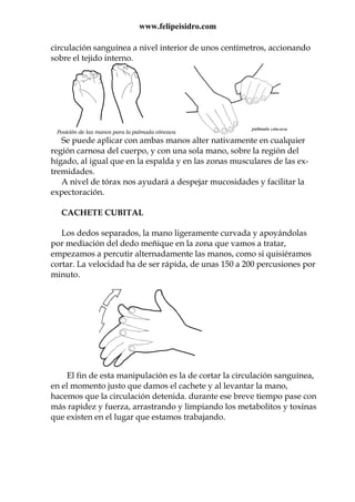 www.felipeisidro.com
circulación sanguínea a nivel interior de unos centímetros, accionando
sobre el tejido interno.
Posición de las manos para la palmada cóncava
Se puede aplicar con ambas manos alter nativamente en cualquier
región carnosa del cuerpo, y con una sola mano, sobre la región del
hígado, al igual que en la espalda y en las zonas musculares de las ex-
tremidades.
A nivel de tórax nos ayudará a despejar mucosidades y facilitar la
expectoración.
CACHETE CUBITAL
Los dedos separados, la mano ligeramente curvada y apoyándolas
por mediación del dedo meñique en la zona que vamos a tratar,
empezamos a percutir alternadamente las manos, como si quisiéramos
cortar. La velocidad ha de ser rápida, de unas 150 a 200 percusiones por
minuto.
El fin de esta manipulación es la de cortar la circulación sanguínea,
en el momento justo que damos el cachete y al levantar la mano,
hacemos que la circulación detenida. durante ese breve tiempo pase con
más rapidez y fuerza, arrastrando y limpiando los metabolitos y toxinas
que existen en el lugar que estamos trabajando.
 