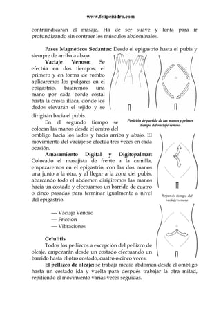 www.felipeisidro.com
Posición de partida de las manos y primer
tiempo del vaciaje venoso
contraindicaran el masaje. Ha de ser suave y lenta para ir
profundizando sin contraer los músculos abdominales.
Pases Magnéticos Sedantes: Desde el epigastrio hasta el pubis y
siempre de arriba a abajo.
Vaciaje Venoso: Se
efectúa en dos tiempos; el
primero y en forma de rombo
aplicaremos los pulgares en el
epigastrio, bajaremos una
mano por cada borde costal
hasta la cresta ilíaca, donde los
dedos elevarán el tejido y se
dirigirán hacia el pubis.
En el segundo tiempo se
colocan las manos desde el centro del
ombligo hacia los lados y hacia arriba y abajo. El
movimiento del vaciaje se efectúa tres veces en cada
ocasión.
Amasamiento Digital y Digitopalmar:
Colocado el masajista de frente a la camilla,
empezaremos en el epigastrio, con las dos manos
una junto a la otra, y al llegar a la zona del pubis,
abarcando todo el abdomen dirigiremos las manos
hacia un costado y efectuamos un barrido de cuatro
o cinco pasadas para terminar igualmente a nivel
del epigastrio.
 Vaciaje Venoso
 Fricción
 Vibraciones
Celulitis
Todos los pellizcos a excepción del pellizco de
oleaje, empezarán desde un costado efectuando un
barrido hasta el otro costado, cuatro o cinco veces.
El pellizco de oleaje: se trabaja medio abdomen desde el ombligo
hasta un costado ida y vuelta para después trabajar la otra mitad,
repitiendo el movimiento varias veces seguidas.
 
