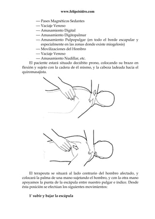 www.felipeisidro.com
 Pases Magnéticos Sedantes
 Vaciaje Venoso
 Amasamiento Digital
 Amasamiento Digitopalmar
 Amasamiento Pulpopulgar (en todo el borde escapular y
especialmente en las zonas donde existe miogelosis)
 Movilizaciones del Hombro
 Vaciaje Venoso
 Amasamiento Nudillar, etc.
El paciente estará situado decúbito prono, colocando su brazo en
flexión y sujeto con la cadera de él mismo, y la cabeza ladeada hacia el
quiromasajista.
El terapeuta se situará al lado contrario del hombro afectado, y
colocará la palma de una mano sujetando el hombro, y con la otra mano
apoyamos la punta de la escápula entre nuestro pulgar e índice. Desde
ésta posición se efectúan los siguientes movimientos:
1° subir y bajar la escápula
 