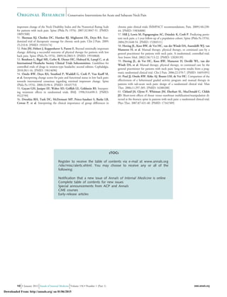 important change of the Neck Disability Index and the Numerical Rating Scale
for patients with neck pain. Spine (Phila Pa 1976). 2007;32:3047-51. [PMID:
18091500]
51. Sherman KJ, Cherkin DC, Hawkes RJ, Miglioretti DL, Deyo RA. Ran-
domized trial of therapeutic massage for chronic neck pain. Clin J Pain. 2009;
25:233-8. [PMID: 19333174]
52. Fritz JM, Hebert J, Koppenhaver S, Parent E. Beyond minimally important
change: deﬁning a successful outcome of physical therapy for patients with low
back pain. Spine (Phila Pa 1976). 2009;34:2803-9. [PMID: 19910868]
53. Bendtsen L, Bigal ME, Cerbo R, Diener HC, Holroyd K, Lampl C, et al;
International Headache Society Clinical Trials Subcommittee. Guidelines for
controlled trials of drugs in tension-type headache: second edition. Cephalalgia.
2010;30:1-16. [PMID: 19614696]
54. Ostelo RW, Deyo RA, Stratford P, Waddell G, Croft P, Von Korff M,
et al. Interpreting change scores for pain and functional status in low back pain:
towards international consensus regarding minimal important change. Spine
(Phila Pa 1976). 2008;33:90-4. [PMID: 18165753]
55. Guyatt GH, Juniper EF, Walter SD, Grifﬁth LE, Goldstein RS. Interpret-
ing treatment effects in randomised trials. BMJ. 1998;316:690-3. [PMID:
9522799]
56. Dworkin RH, Turk DC, McDermott MP, Peirce-Sandner S, Burke LB,
Cowan P, et al. Interpreting the clinical importance of group differences in
chronic pain clinical trials: IMMPACT recommendations. Pain. 2009;146:238-
44. [PMID: 19836888]
57. Hill J, Lewis M, Papageorgiou AC, Dziedzic K, Croft P. Predicting persis-
tent neck pain: a 1-year follow-up of a population cohort. Spine (Phila Pa 1976).
2004;29:1648-54. [PMID: 15284511]
58. Hoving JL, Koes BW, de Vet HC, van der Windt DA, Assendelft WJ, van
Mameren H, et al. Manual therapy, physical therapy, or continued care by a
general practitioner for patients with neck pain. A randomized, controlled trial.
Ann Intern Med. 2002;136:713-22. [PMID: 12020139]
59. Hoving JL, de Vet HC, Koes BW, Mameren H, Deville´ WL, van der
Windt DA, et al. Manual therapy, physical therapy, or continued care by the
general practitioner for patients with neck pain: long-term results from a prag-
matic randomized clinical trial. Clin J Pain. 2006;22:370-7. [PMID: 16691091]
60. Pool JJ, Ostelo RW, Ko¨ke AJ, Bouter LM, de Vet HC. Comparison of the
effectiveness of a behavioural graded activity program and manual therapy in
patients with sub-acute neck pain: design of a randomized clinical trial. Man
Ther. 2006;11:297-305. [PMID: 16380288]
61. Cleland JA, Glynn P, Whitman JM, Eberhart SL, MacDonald C, Childs
JD. Short-term effects of thrust versus nonthrust mobilization/manipulation di-
rected at the thoracic spine in patients with neck pain: a randomized clinical trial.
Phys Ther. 2007;87:431-40. [PMID: 17341509]
ETOCS
Register to receive the table of contents via e-mail at www.annals.org
/site/misc/alerts.xhtml. You may choose to receive any or all of the
following:
Notification that a new issue of Annals of Internal Medicine is online
Complete table of contents for new issues
Special announcements from ACP and Annals
CME courses
Early-release articles
Original Research Conservative Interventions for Acute and Subacute Neck Pain
10 3 January 2012 Annals of Internal Medicine Volume 156 • Number 1 (Part 1) www.annals.org
Downloaded From: http://annals.org/ on 01/06/2015
 