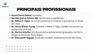 Daniel David Palmer: Fundador;
Bartlett Joshua Palmer (BJ): Aprofundou e popularizou;
Dr. Willian F. Fipps: Foi um dos pioneiros a introduzir a quiropraxia no Brasil
em 1922;
Dr. Henry Wilson Young: Sucedido a Willian F. Fipps, também foi pioneiro na
quiropraxia no Brasil;
Dr. Marino Schuller: Um dos primeiros quiropraxistas graduados nos EUA a
chegar ao Brasil, em Porto Alegre;
Dr. Mitsuyoshi Nagaya: Graduado no Japão, estabeleceu-se em São Paulo.
PRINCIPAIS PROFISSIONAIS
 