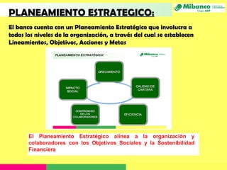 PLANEAMIENTO ESTRATEGICO:
El banco cuenta con un Planeamiento Estratégico que involucra a
todos los niveles de la organización, a través del cual se establecen
Lineamientos, Objetivos, Acciones y Metas
 