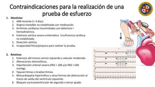 Contraindicaciones para la realización de una
prueba de esfuerzo1. Absolutas
1. IAM reciente (< 3 días).
2. Angina inestable no estabilizada con medicación.
3. Arritmias cardíacas incontroladas con deterioro i
hemodinámico.
4. Estenosis aórtica severa sintomática Insuficiencia cardíaca
no estabilizada.
5. Disección aórtica.
6. Incapacidad física/psíquica para realizar la prueba.
2. Relativas
1. Estenosis del tronco común izquierdo y valvular moderada.
2. Alteraciones electrolíticas.
3. Hipertensión arterial severa (PAS > 200 y/o PAD >100
mmHg).
4. Taquiarritmias o bradiarritmias.
5. Miocardiopatía hipertrófica u otras formas de obstrucción al
tracto de salida del ventrículo izquierdo.
6. Bloqueo auriculoventricular de segundo o tercer grado.
 