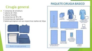 Cirugía general
 1 compresa de envoltura
1 sabana de riñón
1 sabana hendida
6 compresas de 90 x 90
4 compresas de esponjear
3 batas quirúrgicas con sus respectivas toallas de felpa
 