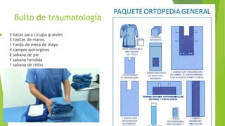 Bulto de traumatología
 3 batas para cirugía grandes
3 toallas de manos
1 funda de mesa de mayo
4 campos quirúrgicos
2 sabana de pie
1 sabana hendida
1 sabana de riñón
 