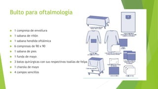 Bulto para oftalmología
 1 compresa de envoltura
 1 sabana de riñón
 1 sabana hendida oftálmica
 6 compresas de 90 x 90
 1 sabana de pies
 1 funda de mayo
 3 batas quirúrgicas con sus respectivas toallas de felpa
 1 charola de mayo
 4 campos sencillos
 