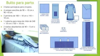 Bulto para parto
 2 batas quirúrgicas para cirujano.
 4 campos sencillos de 90 +- 10 cm x
90 +10 cm.
 2 perneras de 100 +- 10 cm x 110 +-
10 cm.
 1 cubierta para mesa de riñón de 240
+- 10 cm x 150 +- 10 cm.
 2 toallas absorbentes de 40 +- 5 cm x
40 +- 5 cm.
 
