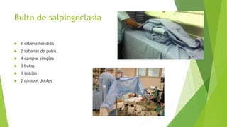 Bulto de salpingoclasia
 1 sabana hendida
 2 sabanas de pubis.
 4 campos simples
 3 batas
 3 toallas
 2 campos dobles
 