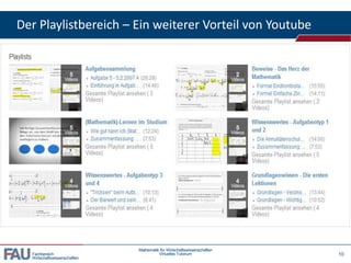Fachbereich
Wirtschaftswissenschaften
Der Playlistbereich – Ein weiterer Vorteil von Youtube
Mathematik für Wirtschaftswissenschaften
Virtuelles Tutorium 10
 
