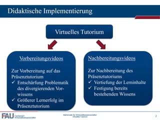 Fachbereich
Wirtschaftswissenschaften
Didaktische Implementierung
Mathematik für Wirtschaftswissenschaften
Virtuelles Tutorium 2
Virtuelles Tutorium
Vorbereitungsvideos
Zur Vorbereitung auf das
Präsenztutorium
 Entschärfung Problematik
des divergierenden Vor-
wissens
 Größerer Lernerfolg im
Präsenztutorium
Nachbereitungsvideos
Zur Nachbereitung des
Präsenztutoriums
 Vertiefung der Lerninhalte
 Festigung bereits
bestehenden Wissens
 