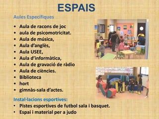 ESPAIS
Aules Específiques
• Aula de racons de joc
• aula de psicomotricitat.
• Aula de música,
• Aula d’anglès,
• Aula USEE,
• Aula d’informàtica,
• Aula de gravació de ràdio
• Aula de ciències.
• Biblioteca
• hort
• gimnàs-sala d’actes.
Instal·lacions esportives:
• Pistes esportives de futbol sala i basquet.
• Espai i material per a judo
 