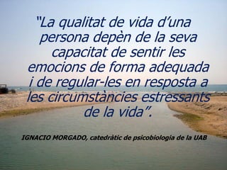 “La qualitat de vida d’una
persona depèn de la seva
capacitat de sentir les
emocions de forma adequada
i de regular-les en resposta a
les circumstàncies estressants
de la vida”.
IGNACIO MORGADO, catedràtic de psicobiologia de la UAB
 