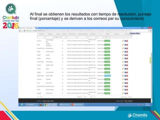 Al final se obtienen los resultados con tiempo de resolución, puntaje
final (porcentaje) y se derivan a los correos par su conocimiento
 