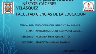 UNIVERSIDAD ANDINA
NÉSTOR CÁCERES
VELÁSQUEZ
FACULTAD CIENCIAS DE LA EDUCACION
ESPECIALIDAD: EDUCACION INICIAL INTERCULTURAL BILINGÜE
TEMA : APRENDIZAJE SIGNIFICATIVO DE AUSBEL
DISCENTE : KLEYMIRA MERY QUISPE TITO
DOCENTE : BENEDICTA MAMANI MAMANI
SEMESTREVI: VI / AÑO:
 