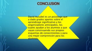 CONCLUSION
David Ausubel es un psicólogo que
a dado grades aportes sobre el
aprendizaje significativo y los
organizadores ...