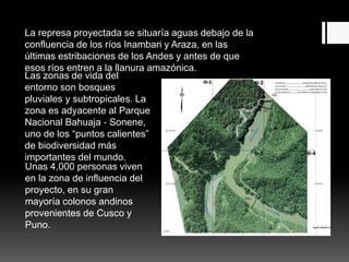 La represa proyectada se situaría aguas debajo de la
confluencia de los ríos Inambari y Araza, en las
últimas estribaciones de los Andes y antes de que
esos ríos entren a la llanura amazónica.
Unas 4,000 personas viven
en la zona de influencia del
proyecto, en su gran
mayoría colonos andinos
provenientes de Cusco y
Puno.
Las zonas de vida del
entorno son bosques
pluviales y subtropicales. La
zona es adyacente al Parque
Nacional Bahuaja ‐ Sonene,
uno de los “puntos calientes”
de biodiversidad más
importantes del mundo.
 
