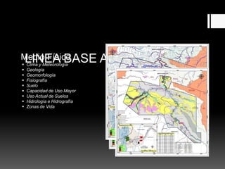 LINEA BASE AMBIENTALMedio Físico
 Clima y Meteorología
 Geología
 Geomorfología
 Fisiografía
 Suelo
 Capacidad de Uso Mayor
 Uso Actual de Suelos
 Hidrología e Hidrografía
 Zonas de Vida
 