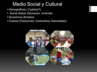 Medio Social y Cultural
 Demográficos ( Cuántos?),
 Social (Salud, Educación, Vivienda)
 Económico (Empleo)
 Cultural (Tradiciones, Costumbres, festividades)
 