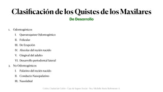 Clasi
fi
cación de los Quistes de los Maxilares
1. Odontogénicos


I. Queratoquiste Odontogénico


II. Folicular


III. De Erupción


IV. Alveolar del recién nacido


V. Gingival del adulto


VI. Desarrollo periodontal lateral


2. No Odontogénicos


I. Palatino del recién nacido


II. Conducto Nasopalatino


III. Nasolabial
De Des
a
rrollo
Colón, Ciudad de Colón - Caja de Seguro Social - Dra. Michelle Marie Rohrmoser A.
 