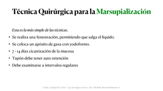 TécnicaQuirúrgicaparalaMarsupialización
Esta es la más simple de las técnicas.


• Se realiza una fenestración, permitiendo que salga el líquido.


• Se coloca un apósito de gasa con yodoformo.


• 7 - 14 días cicatrización de la mucosa


• Tapón debe tener auto retención


• Debe examinarse a intervalos regulares
Colón, Ciudad de Colón - Caja de Seguro Social - Dra. Michelle Marie Rohrmoser A.
 