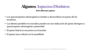 AlgunosAspectosDistintos
• Los queratoquistes odontogénicos tienden a desarrollarse en partes de los
maxilares.


• Los dientes perdidos no extraídos pueden ser una indicación de quiste dentigero o
queratoquiste odontogénico primordial


• El quiste
fi
súral se encuentra en el maxilar


• El quiste óseo solitario en la mandibula
delosdiferentesquistes
Colón, Ciudad de Colón - Caja de Seguro Social - Dra. Michelle Marie Rohrmoser A.
 